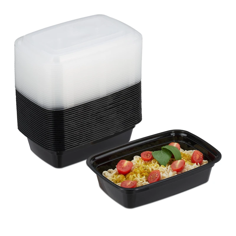 Relaxdays Meal Prep Containers, Set of 24, 1 Compartment, Microwave-Safe, BPA-Free, Reusable, Plastic Lunch Box, Black, 6.5 x 22 x 15 cm