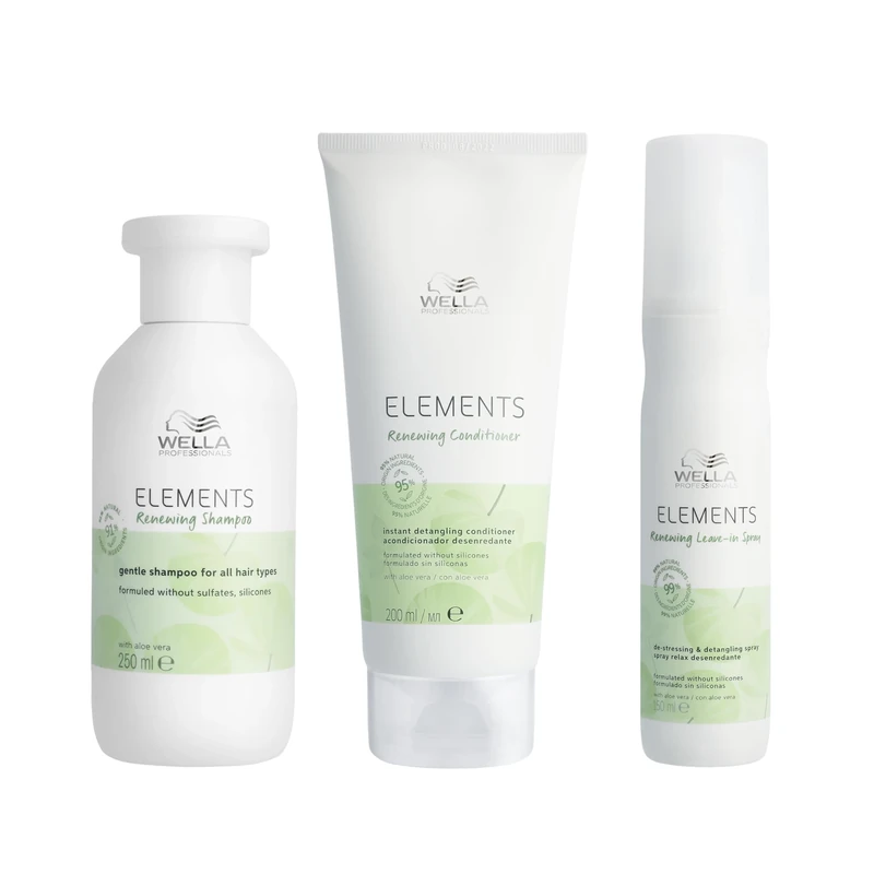 Wella Professionals Gentle Care Professional Hair Care without Silicones & Sulphates for Smooth Shiny Hair, Elements Renewing Shampoo 250ml, Detangling Conditioner 200ml & Leave-In Hair Lotion 150ml