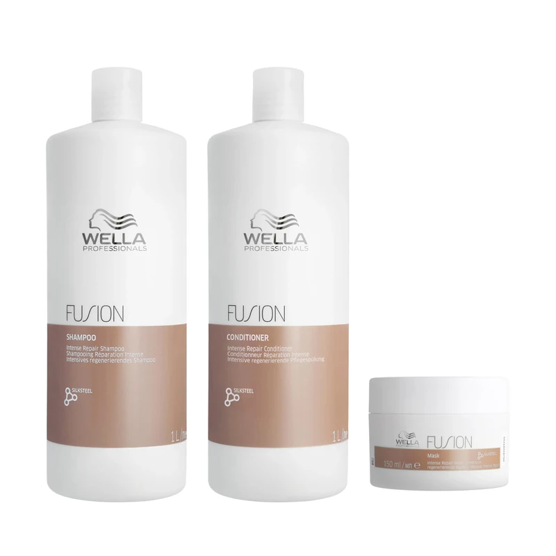 Wella Professionals Deep Repair Regime for Dry & Damaged Hair - Fusion Intense Repair Shampoo 1L, Conditioner 1L & Hair Mask 150ml Bundle