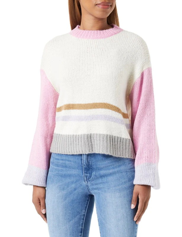 Libbi Women's Retro Knitted Jumper in Contrast Acrylic Wool White Pink Colour Block Size Xs/S Pullover Sweater