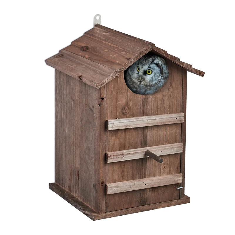 Relaxdays Owl Nesting Box, Fir Wood, Weatherproof, HWD: 38.5 x 25 x 28 cm, Hinged, Bird House for Hanging Outside, Brown