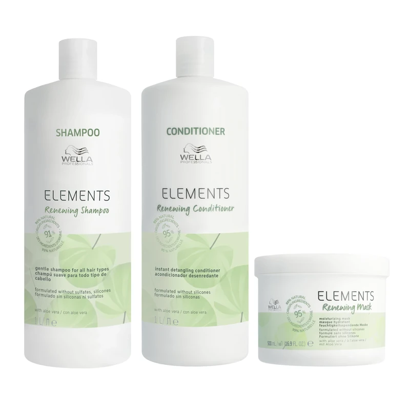 Wella Professionals Gentle Care Professional Hair Care Regime without Silicones & Sulphates for Smooth Shiny Hair, Elements Renewing Shampoo 1L, Detangling Conditioner 1L & Hair Mask 500ml Bundle
