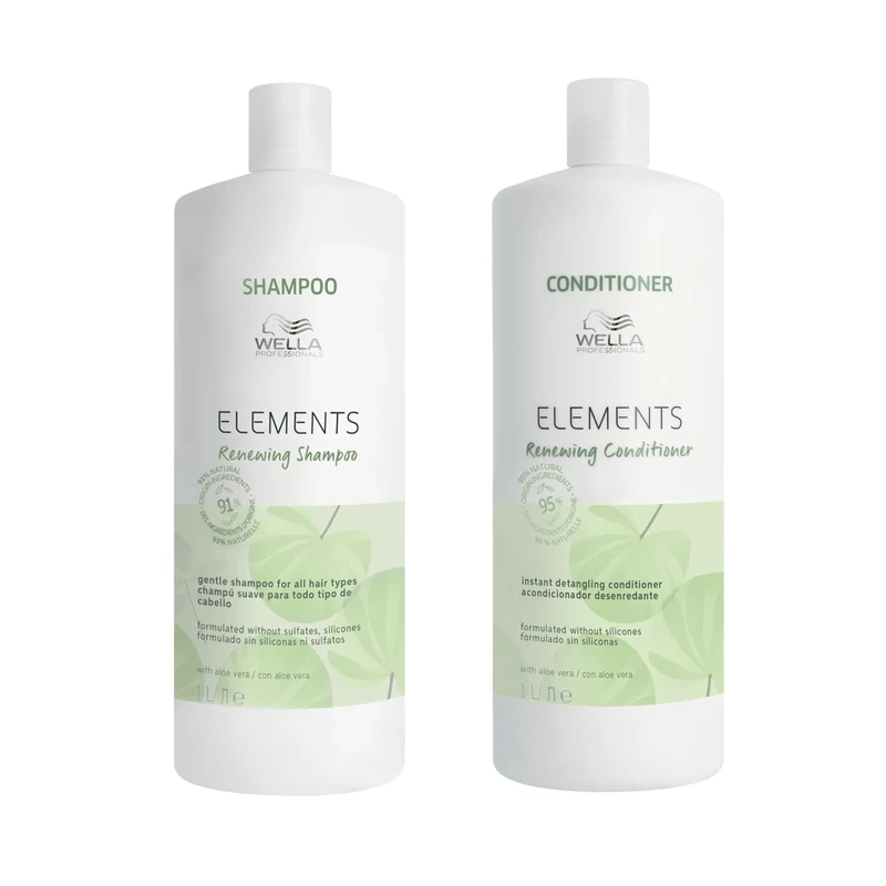 Wella Professionals Gentle Care Professional Hair Care Duo without Silicones & Sulphates for Smooth Shiny Hair, Elements Renewing Shampoo 1L, Detangling Conditioner 1L Bundle