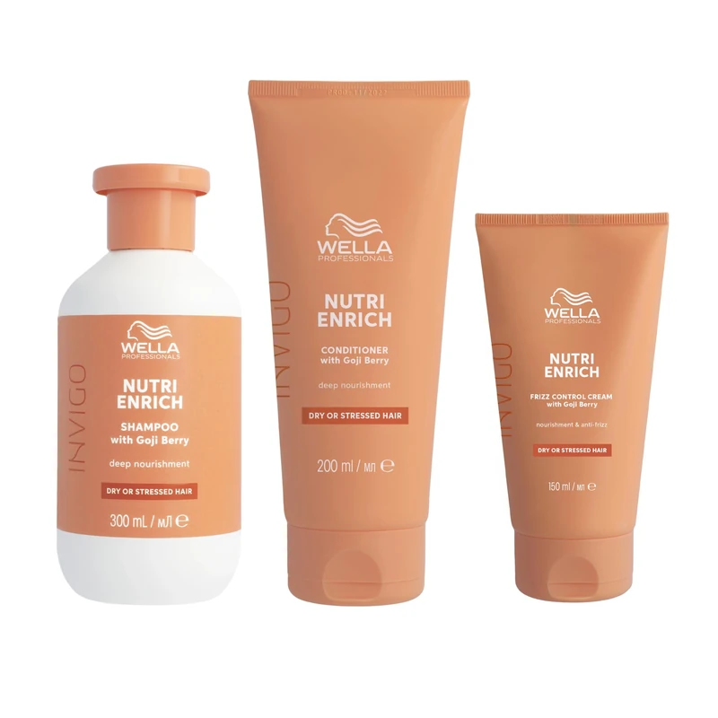 Wella Professionals Deep Nourishing Professional Hair Care Regime for Dry & Damaged Hair, Invigo Nutri-Enrich Shampoo 300ml, Conditioner 200ml & Frizz Control Cream 150ml Bundle