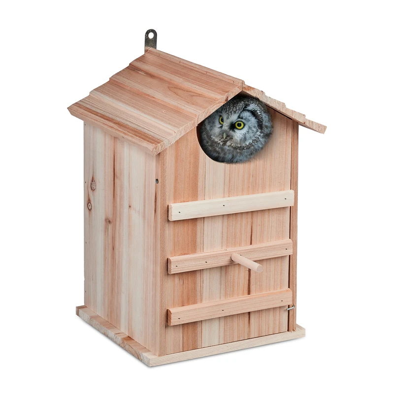 Relaxdays Owl Nesting Box, Fir Wood, Weatherproof, Hinged, Bird House, Hanging Outside, HWD: 38.5 x 25 x 28 cm, Natural, 1 Item