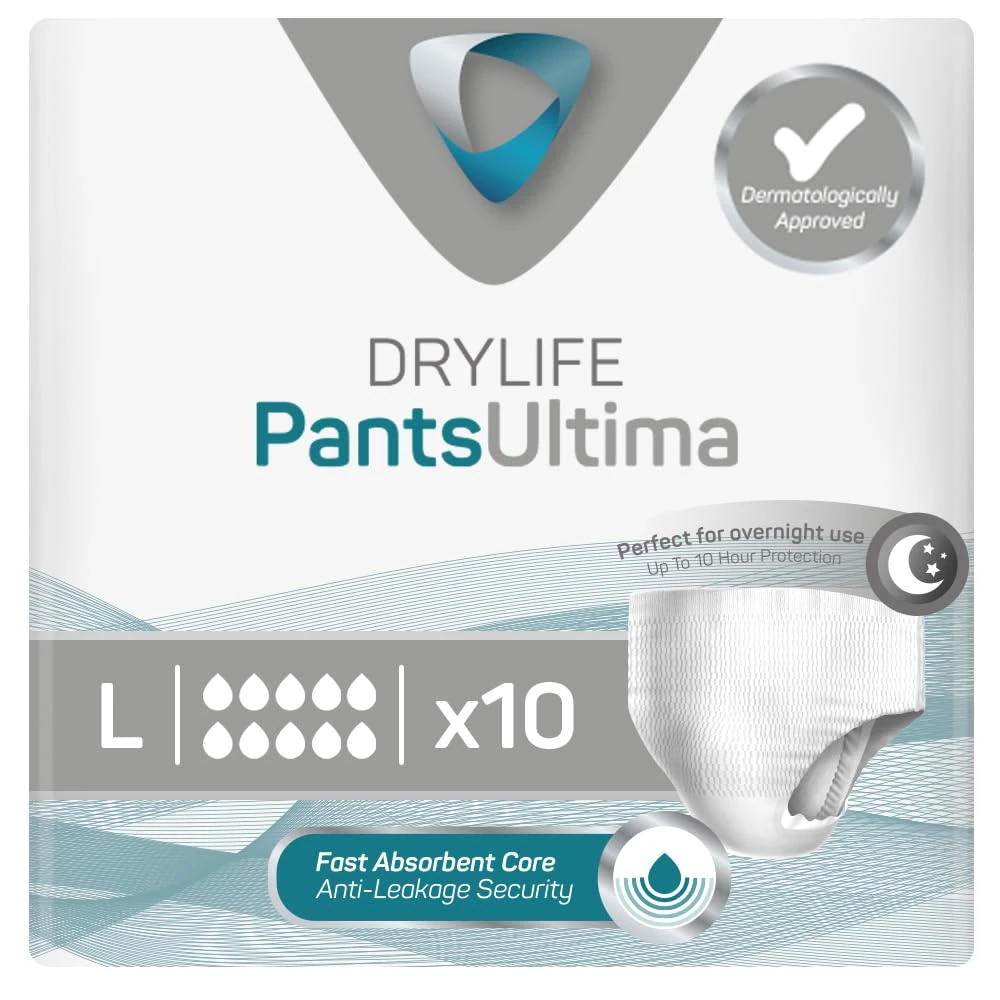 Drylife Pants Ultima Disposable Pull-Up Unisex Incontinence Pants - 3000ml Absorbency, Overnight Protection, Anti-Leak Security, Breathable Material - Large (1 Pack of 10)