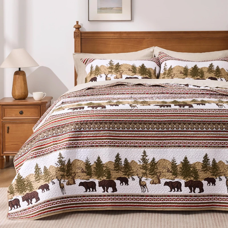 PPOLCA Cabin King Quilt Bedding Set, Christmas Lightweight Reversible Rustic Bear Bedspread Coverlet, 3-Piece Lodge Bed Cover Quilt with 2 Pillow Shams for All Season, Brown