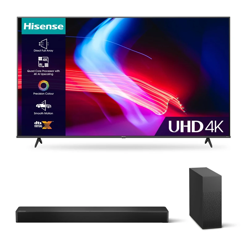 Hisense 4K UHD TV A6K and HS2100 with 240W Max Audio and Wireless Subwoofer &EZ Play