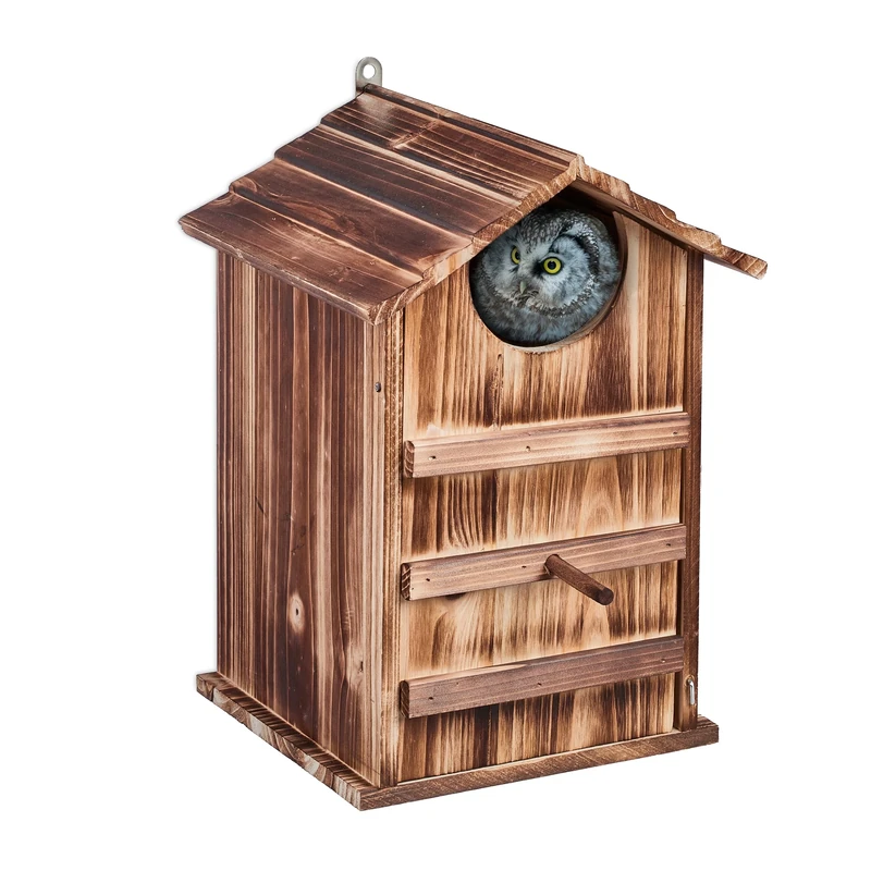 Relaxdays Owl Nesting Box, Fir Wood, Weatherproof, HWD: 38.5 x 25 x 28 cm, Hinged, Bird House, Hanging Outside, Natural
