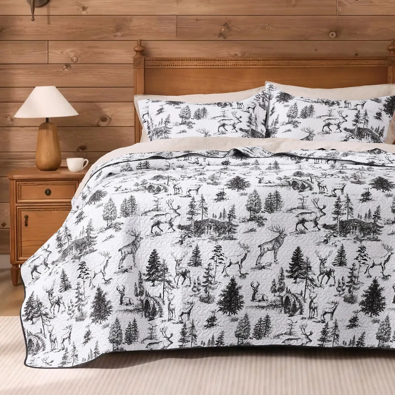 PPOLCA Rustic King Quilt Bedding Set, Christmas Lightweight Reversible Cabin Deer Bedspread Coverlet, 3-Piece Lodge Bed Cover Quilt with 2 Pillow Shams for All Season, White and Black