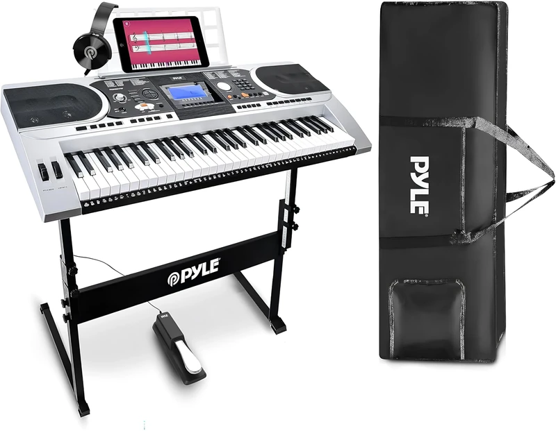 Pyle 61 Keys Electric Keyboard Piano, Kids Music Digital Piano Keyboard with Stand for Beginners, Adult Electronic Keyboards, Portable Musical Karaoke Instrument w/ Sustain Pedal/Case/Headphones