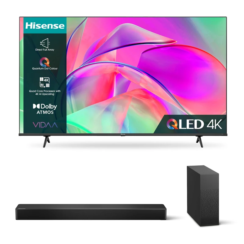 Hisense 4K QLED TV E77K and HS2100 with 240W Max Audio and Wireless Subwoofer &EZ Play