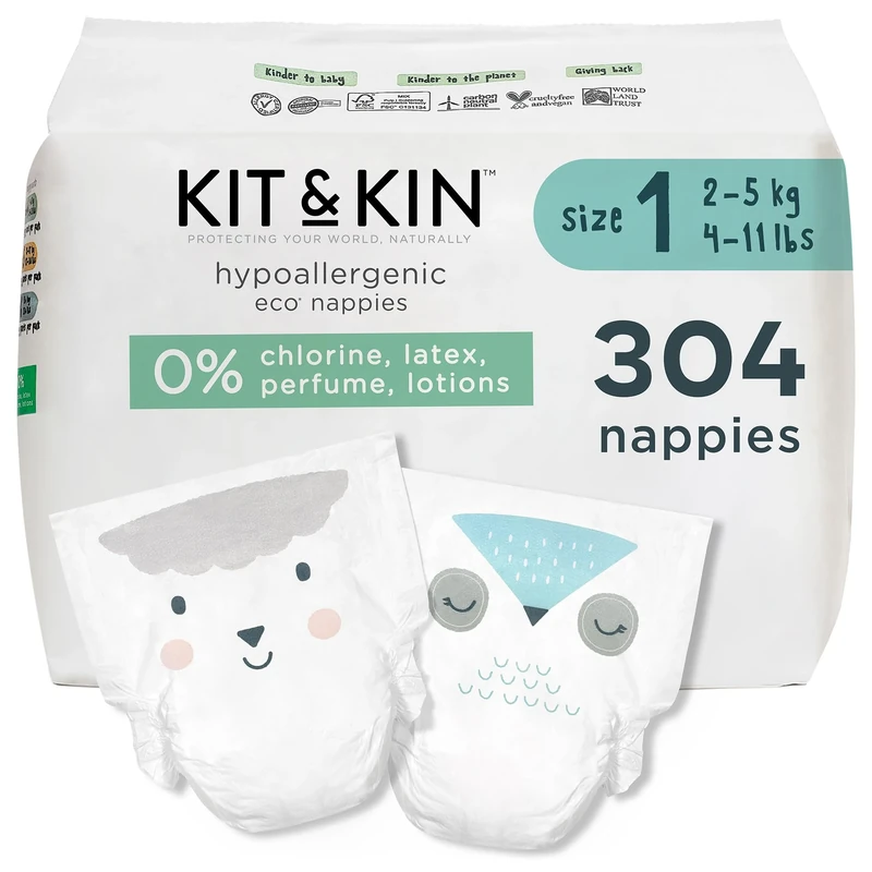 Kit & Kin Premium Eco Baby Nappies Size 1 | Newborn 2-5 kgs / 4-11 lbs | Pack of 304 Nappies | Plant-Based & Hypoallergenic | Superior Leak Protection | Vegan & Cruelty Free