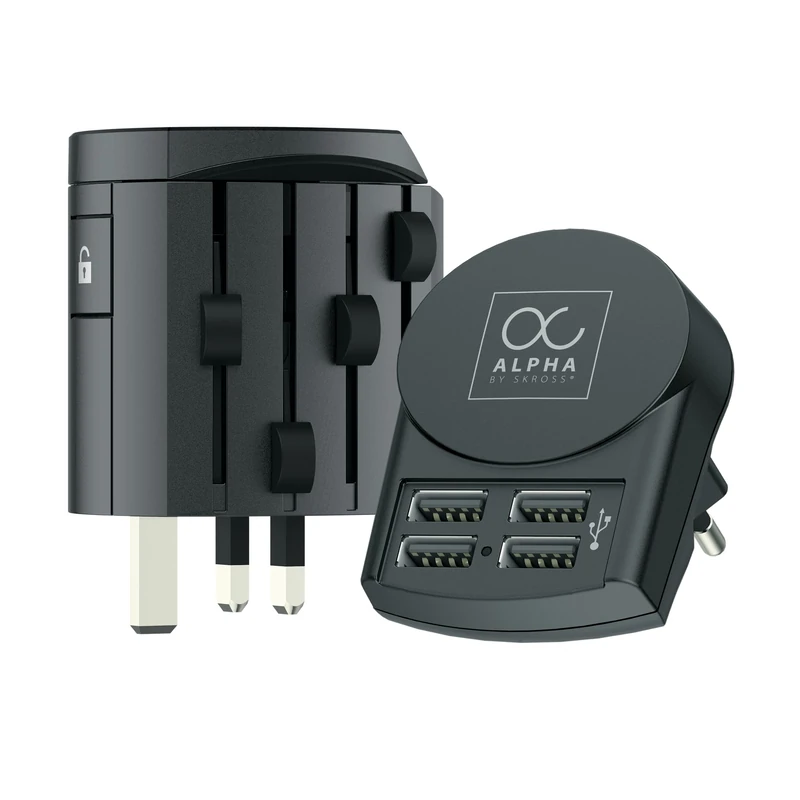 SKROSS - Alpha by SKROSS + 4 USB - Universal travel adapter from the world to the world - Voltage and power: 100V–1000W/250V–2500W - 10a for laptop and hairdryer + 4 USB (24W - 4.8a)