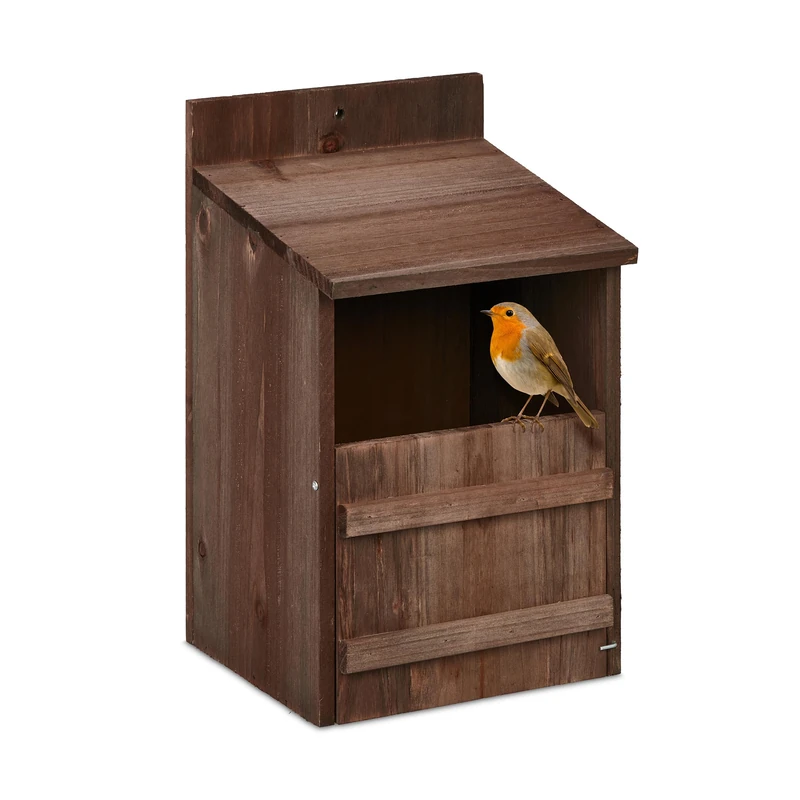 Relaxdays Nesting Box, for Secondary Cavity Birds, with Flap, Entrance Slit HxW: 10 x 19.5 cm, Birdhouse, Wood, Brown, 36 x 22 x 21 cm