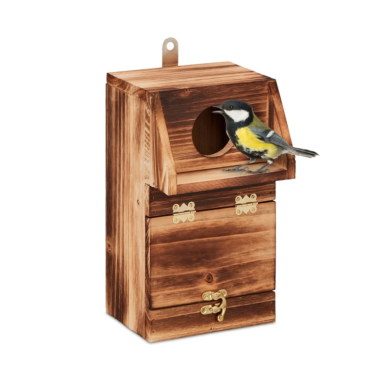 Relaxdays Nesting Box, for Sparrows & Redstarts, Cleaning Flap, 24.5 x 14 x 14 cm, Birdhouse to Hang Up, Wood, Natural