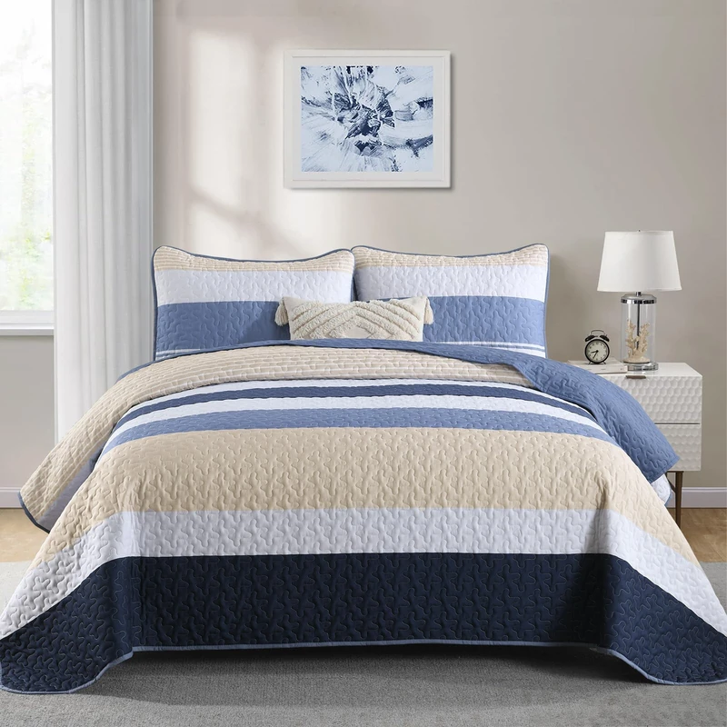 Blue King Size Quilt Set,Boho Gray Bedspread Striped Patchwork Bedding Set Micofiber Bohemian 3 Pieces Quilts Lightweight Farmhouse Coverlet for Women Men King Bed