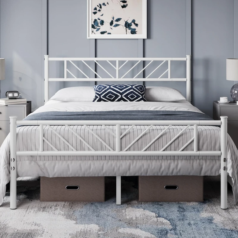 Yaheetech 4ft6 Double Bed Frames Metal Slatted Bed Platform with Arrow Design Headboard, Under-bed Storage, No Box Spring Needed, White