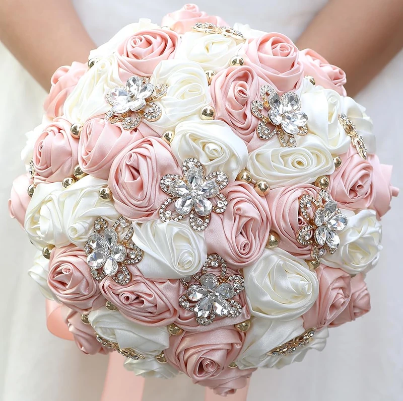 Sharebeauty 9.4" Handmade Satin Rose Bridal Bouquet Toss Round Wedding Bouquet Throw Toss Artificial Flower Bunch Pale Pink + Ivory