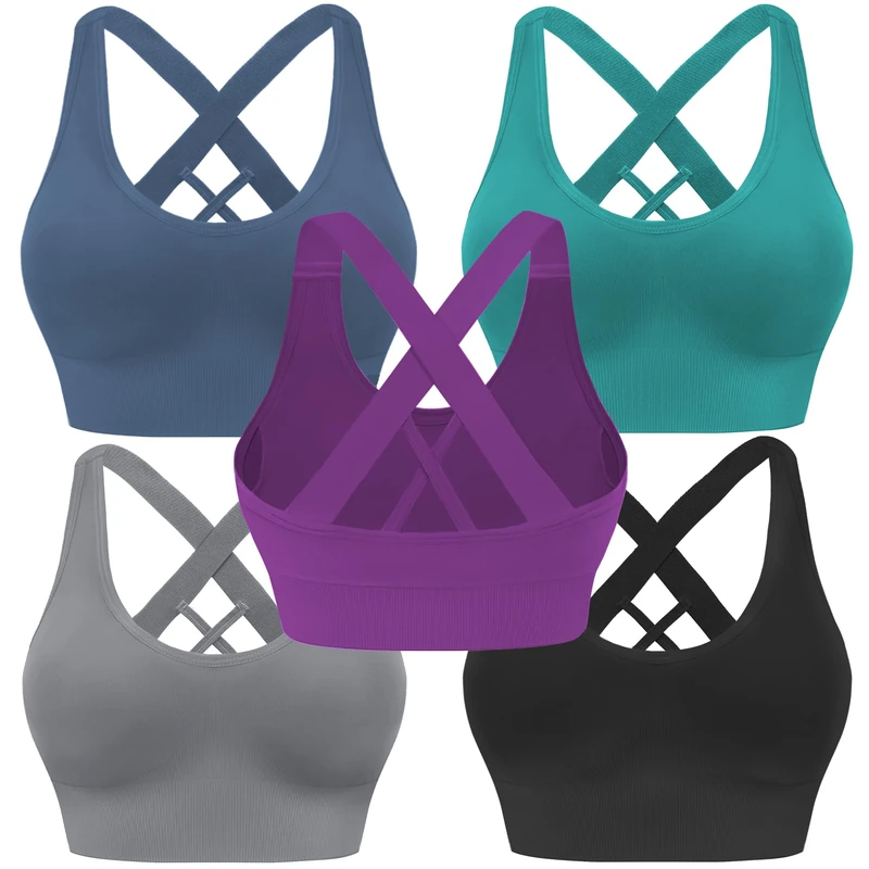Evercute Sports Bra for Women Padded Medium Support Criss Cross Strappy Bras Seamless High Impact Yoga Exercise Athletic Bras, Black Gray Peacock-Green Navy-Blue Grape-Purple 5 Pack, M