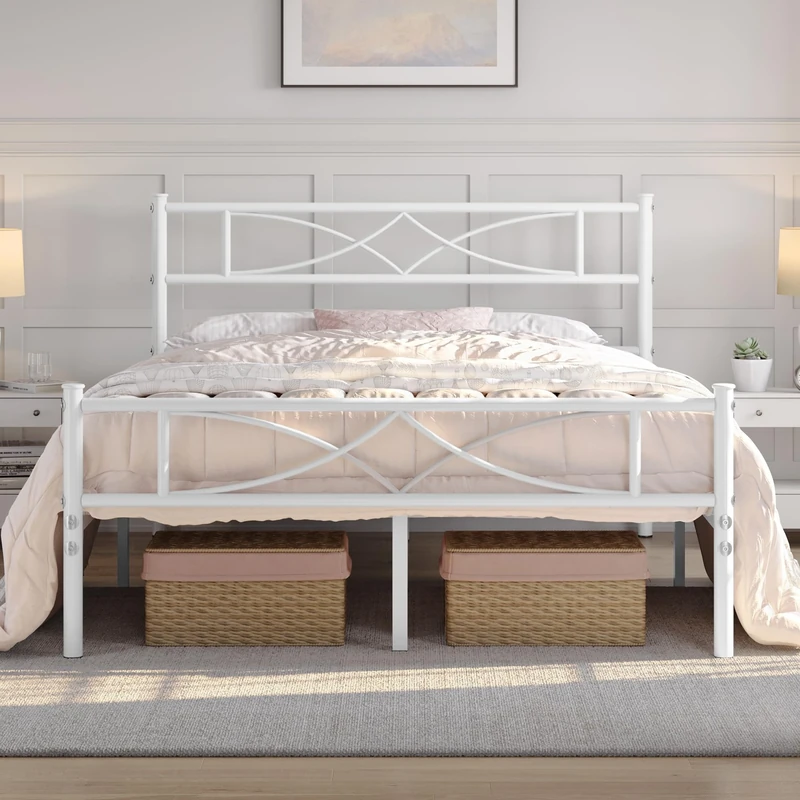 Yaheetech 5ft King Bed Frames Metal Slatted Bed Platform with Curved Design Headboard and Footboard, Under-bed Storage, No Box Spring Needed, 12 Built-in Steel Slats, White