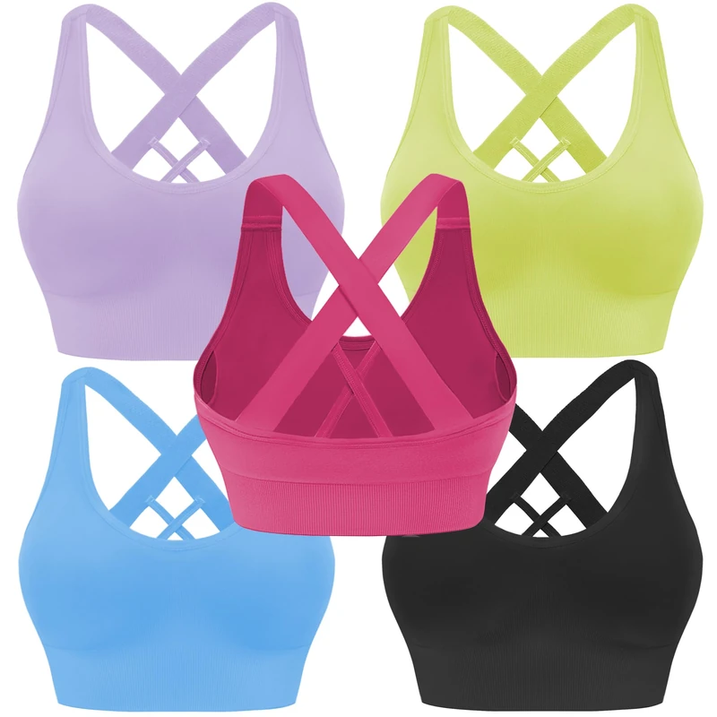 Evercute Women's Opaque Sports Bra, Black Robbia Blue Lavender Magenta Pink Lime Green 5 Pack, S