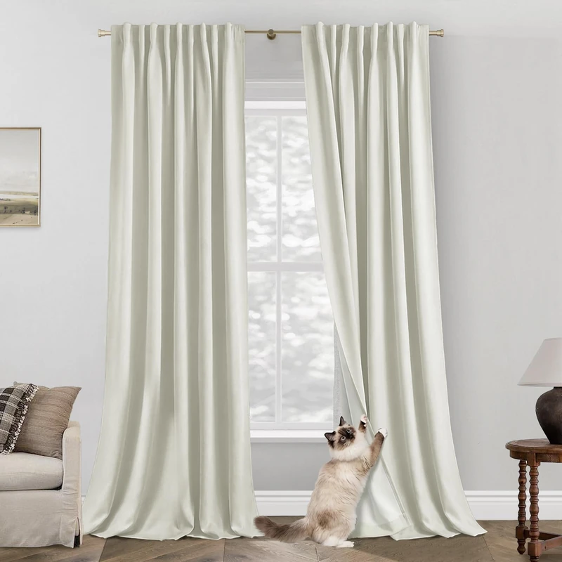 PANELSBURG 120 Inch Curtains 2 Panel Set,Blackout Pleated Hooks Faux Linen Black Out Extra Long Curtains for Living Room,52 Wide by 120 in Length,Off Pearl White