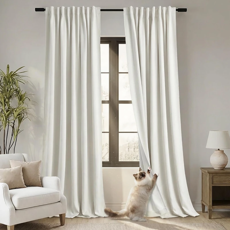108 Inch Long Blackout Track Curtains & Drapes for Track System Pleated with Hooks Rings 2 Panels Set,Linen Black Out Back Tab 9FT Ceiling to Floor Length Curtains for Living Room,Cream Ivory