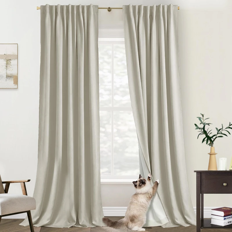 PANELSBURG Track Curtains for Track System,Linen Blackout Back Tab Pleated with Hooks Rings 9FT Ceiling to Floor Length Curtains 108 Inches Long for Living Room 2 Panels Set,Oatmeal Beige
