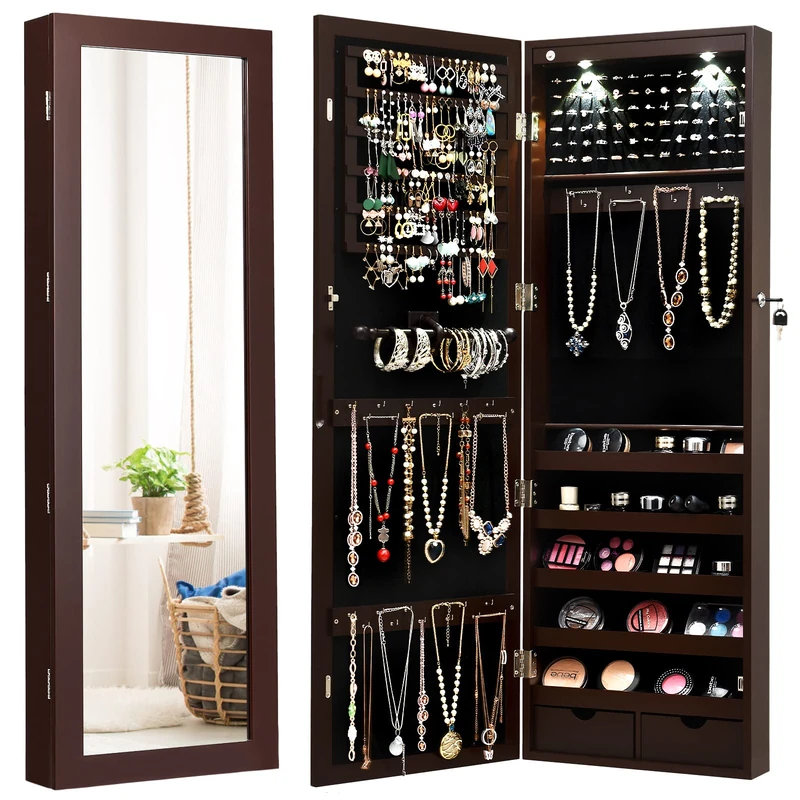 RELAX4LIFE Lockable Jewellery Cabinet, Wall/Door Mounted Mirrored Armoire with Adjustable Hanging Hook & Full-length Door, Powerful Cosmetics Makeup Organizer for Bedroom Dressing Room (Brown)