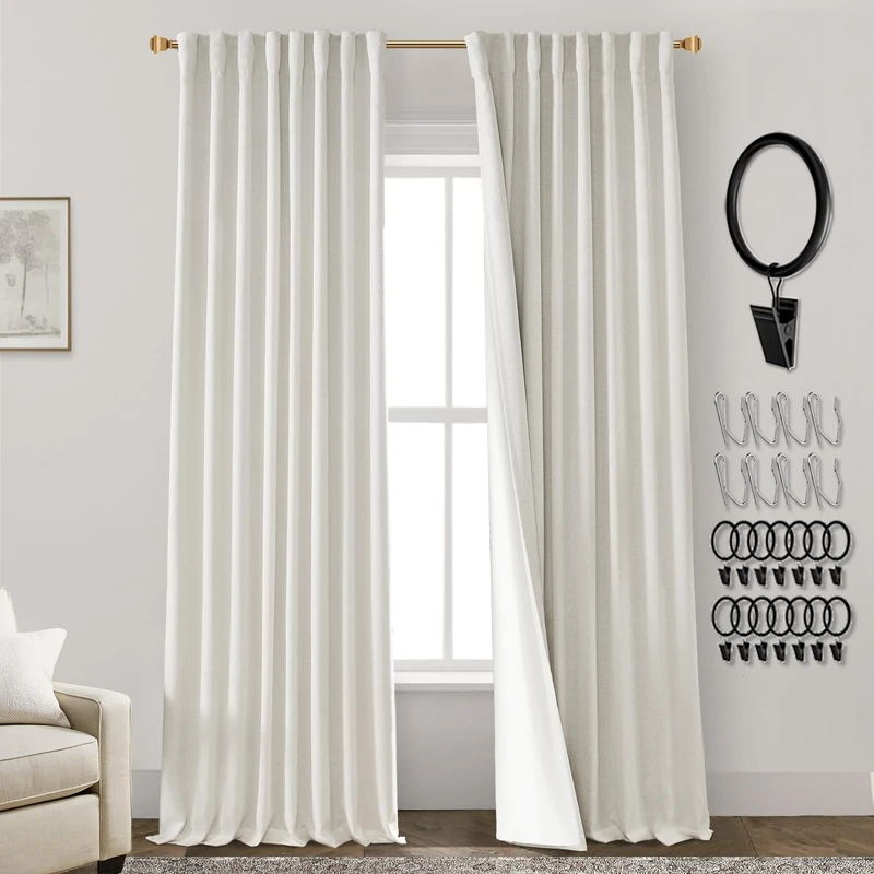 Curtains 96 Inches Long 2 Panel Set,Black Out Linen Track System Pleated Back Tab Room Darkening Blackout Insulated Thermal Curtains Drapes 96 Inch Length for Sliding Glass Door Living Room,8FT,Cream