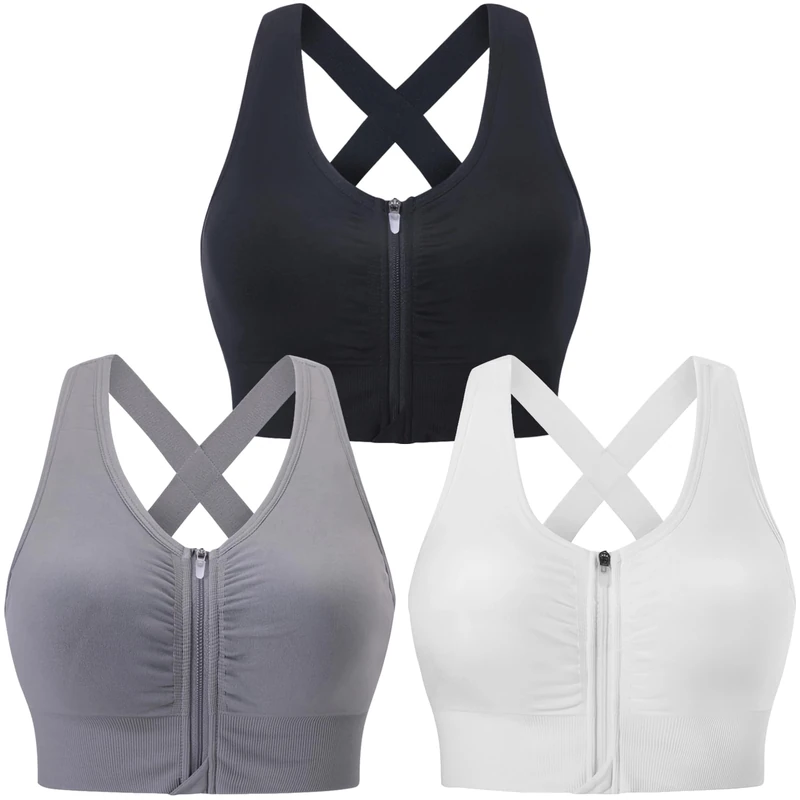 Evercute Zip Front Post-Surgery Bra Women's Wireless Sports Bras Padded Strappy Medium Support Yoga Exercise Athletic Bras, Black White Gray 3 Pack, 3X-Large