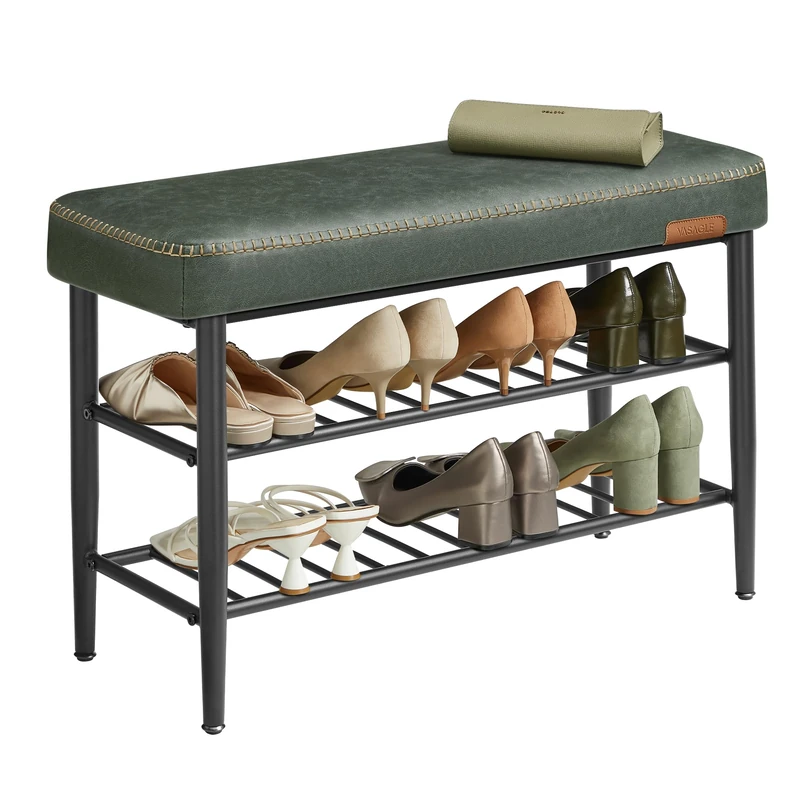 VASAGLE EKHO Collection - Shoe Bench, Storage Bench, Shoe Rack Bench Entryway, Synthetic Leather with Stitching, Mid-Century Modern, Loads 135 kg, 30 x 80 x 50 cm, Forest Green LSB054C02