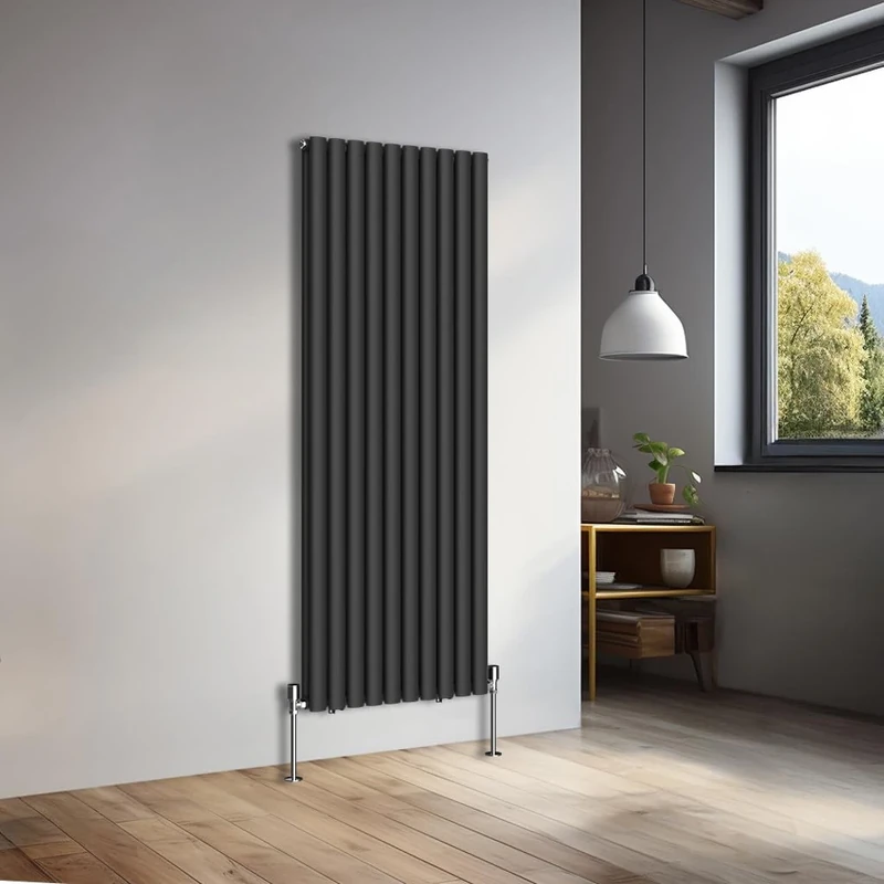 NRG 1600x590mm Vertical Oval Double Panel Heater Column Radiator Central Heating Radiators Designer Tall Radiators Black