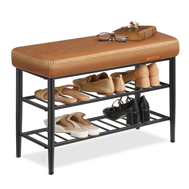 VASAGLE EKHO Collection - Shoe Bench, Storage Bench, Shoe Rack Bench Entryway, Synthetic Leather with Stitching, Mid-Century Modern, Loads 135 kg, 30 x 80 x 50 cm, Caramel Brown LSB054K02