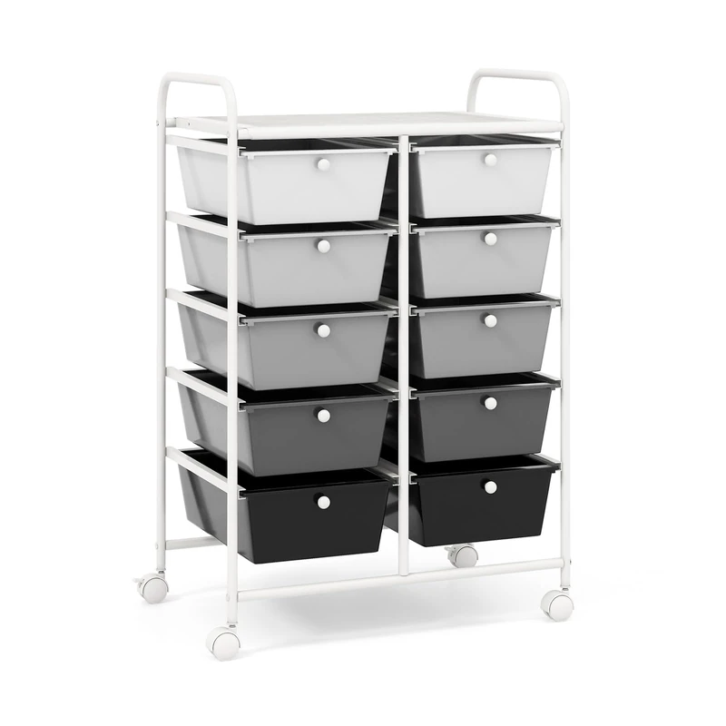 COSTWAY Trolley with 10 Stackable Drawers, Drawer Trolley, Rolling Container with Metal Frame and Shelf, Bathroom Trolley Storage Trolley for Office, Living Room, 65.5 x 37 x 87 cm - Image 1