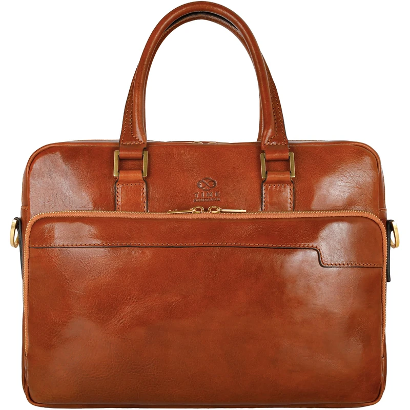 Time Resistance Leather Laptop Bag - 13 inch Laptop Case with Shoulder Strap - Genuine Leather Briefcase - Satchel Messenger Bag (Cognac Brown)