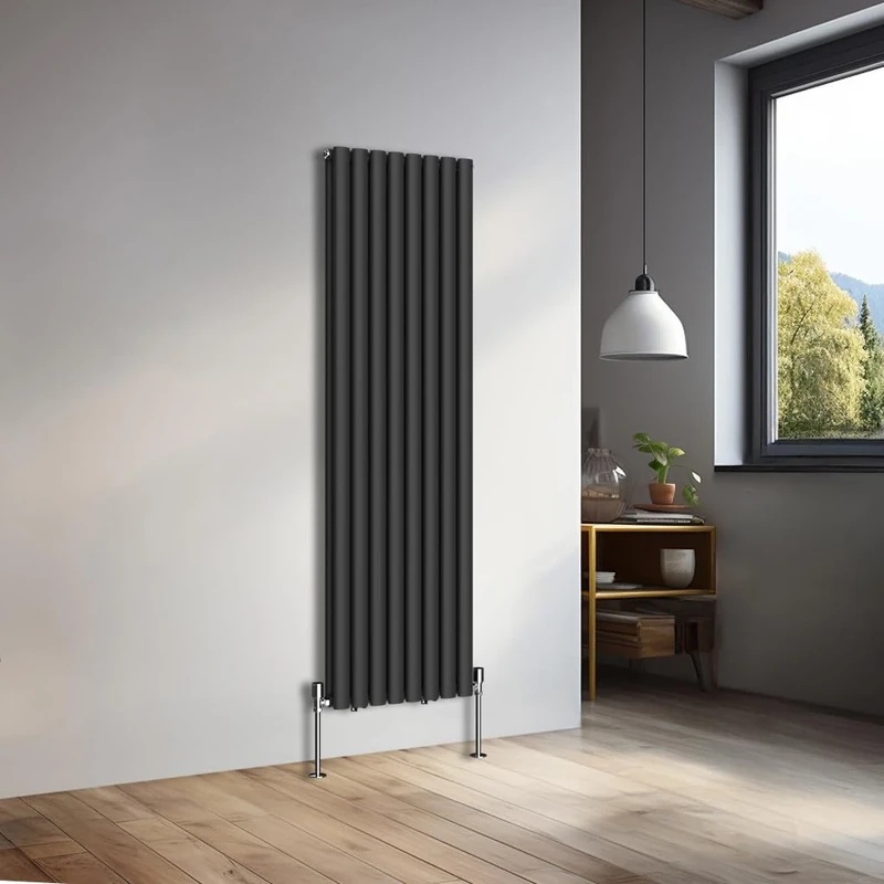 NRG 1600x472mm Vertical Oval Double Panel Heater Column Radiator Central Heating Radiators Designer Tall Radiators Black