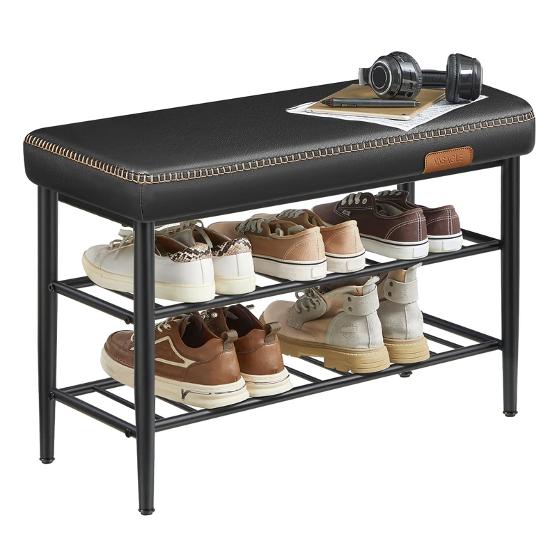VASAGLE EKHO Collection - Shoe Bench, Storage Bench, Shoe Rack Bench Entryway, Synthetic Leather with Stitching, Mid-Century Modern, Loads 135 kg, 30 x 80 x 50 cm, Ink Black LSB054B02 - Image 1
