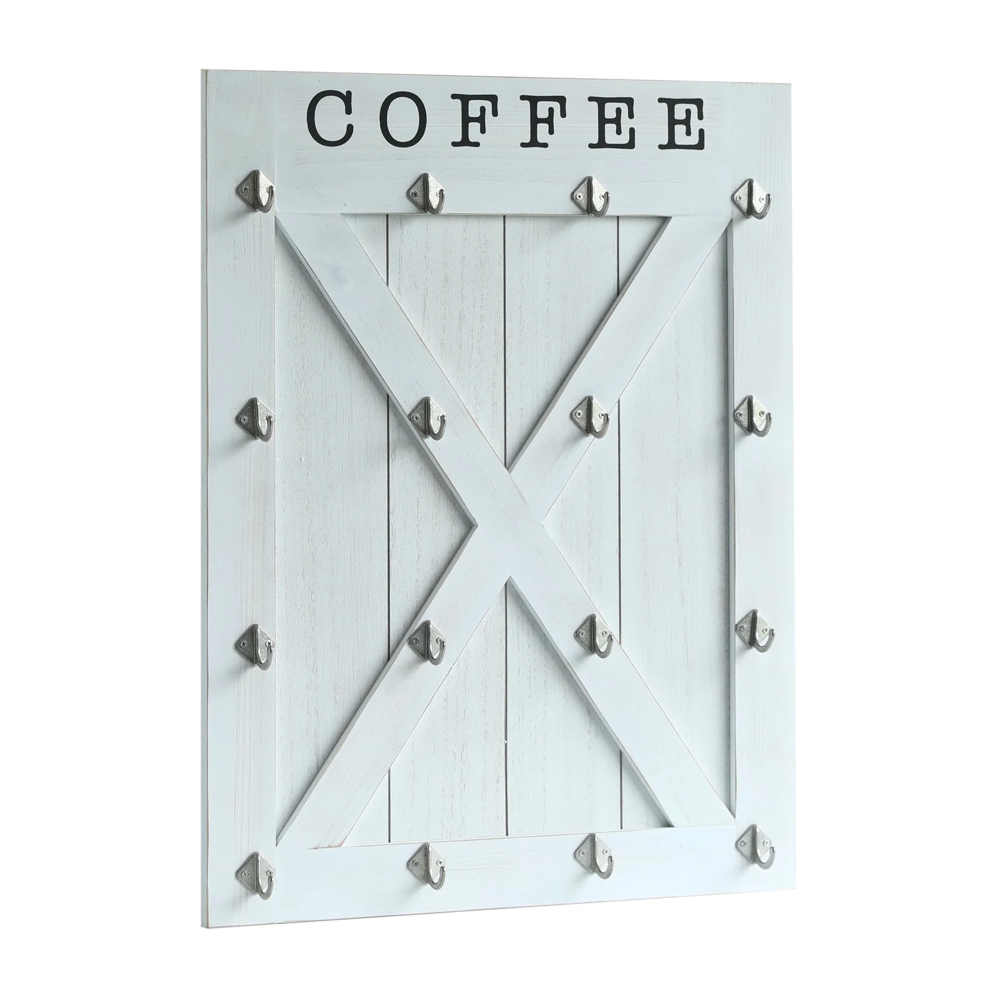 COLLECTIVE HOME - Mug Holder, Wood Home Storage Cup Hooks, 4-Tier Coffee Bar Display Decor, Farmhouse Barn Door Wall Mounted Kitchen Organizer for Tea Cups, Mason Jar, 16 Hooks(White)