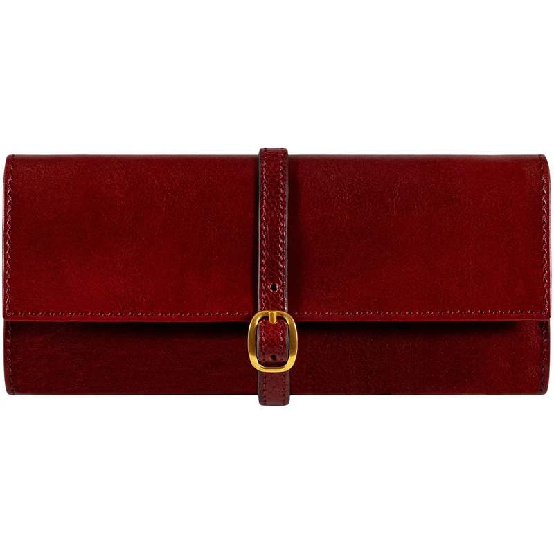 Time Resistance Leather Jewelry Roll - Red Full Grain Leather Travel Jewelry Case - Jewellery Organizer Made in Italy