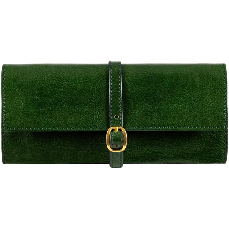 Time Resistance Leather Jewelry Roll - Green Full Grain Leather Travel Jewelry Case - Jewellery Organizer Made in Italy