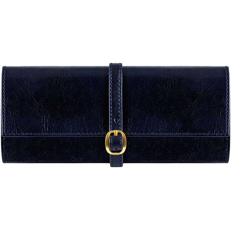 Time Resistance Leather Jewelry Roll - Blue Full Grain Leather Travel Jewelry Case - Jewellery Organizer Made in Italy