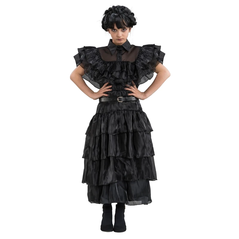 Chaks C4629140 Kinderkostüm Set Wednesday Addams Children's Costume, Solid, Black, 140 (EU)
