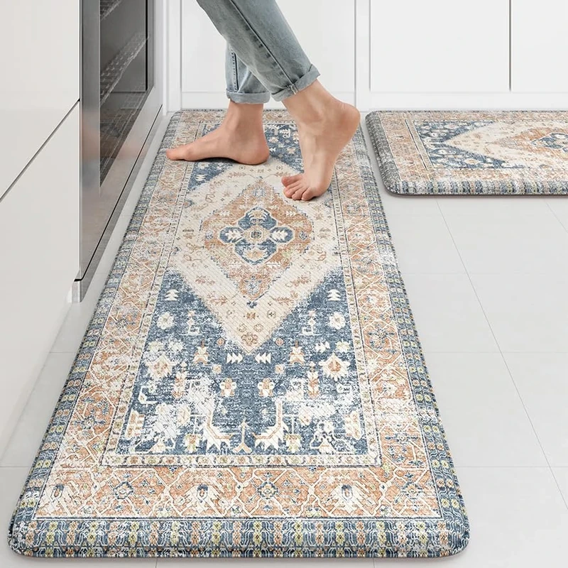 KIMDOE Kitchen Rugs and Mats 2PCS Cushioned Anti Fatigue Kitchen Mat Non-Skid Waterproof Kitchen Runner Rug for Kitchen Decor,Floors,Office,Laundry,Blue and Gold