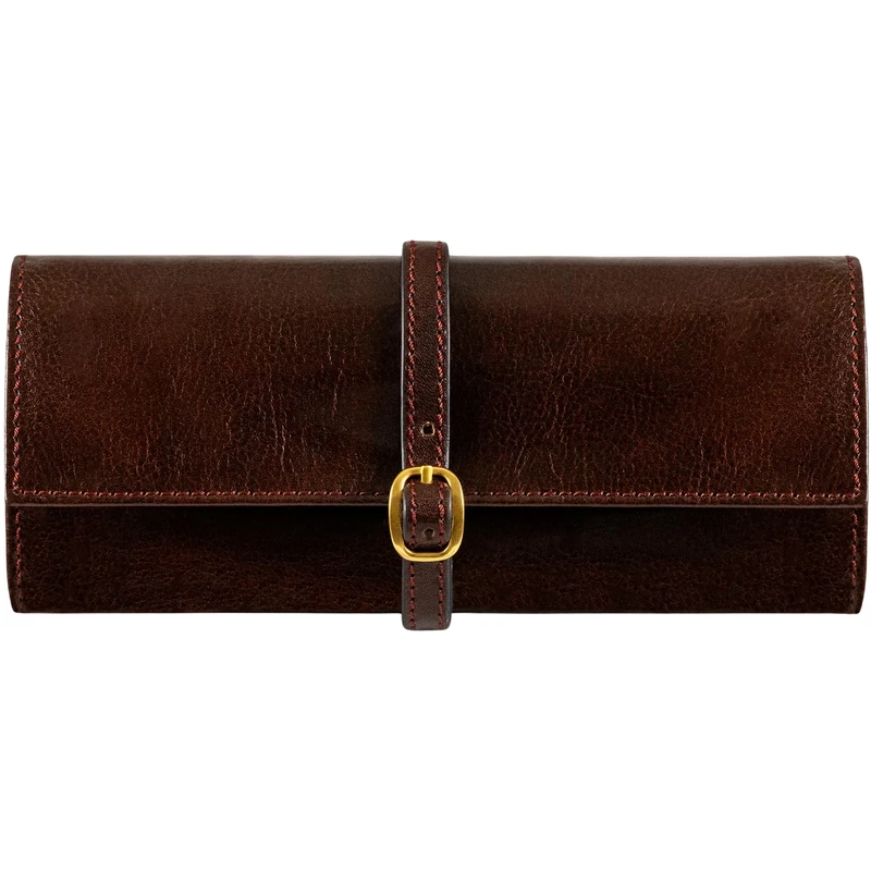 Time Resistance Leather Jewelry Roll - Brown Full Grain Leather Travel Jewelry Case - Jewellery Organizer Made in Italy