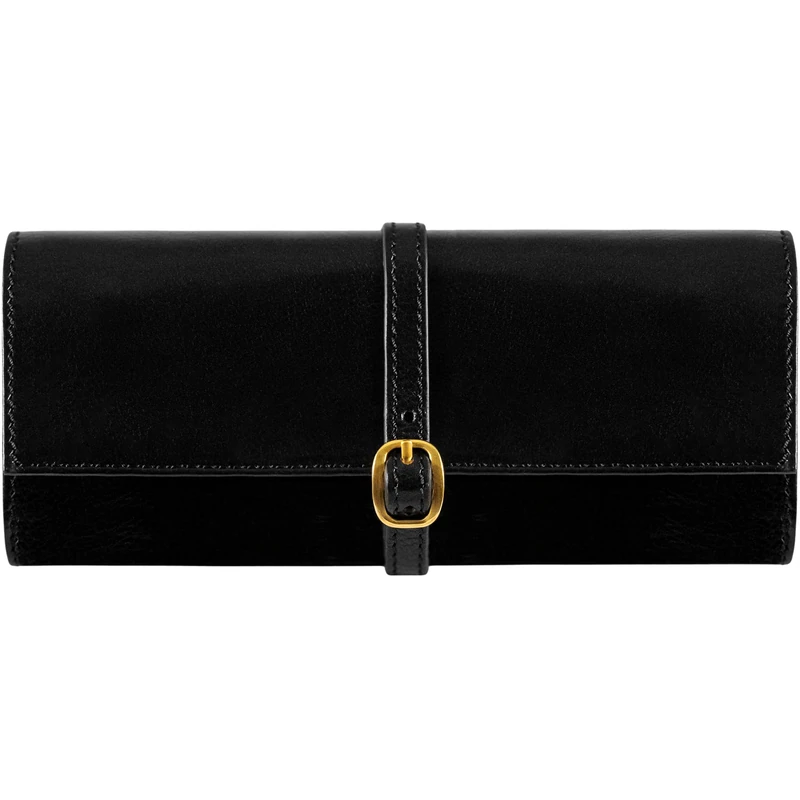 Time Resistance Leather Jewelry Roll - Black Full Grain Leather Travel Jewelry Case - Jewellery Organizer Made in Italy