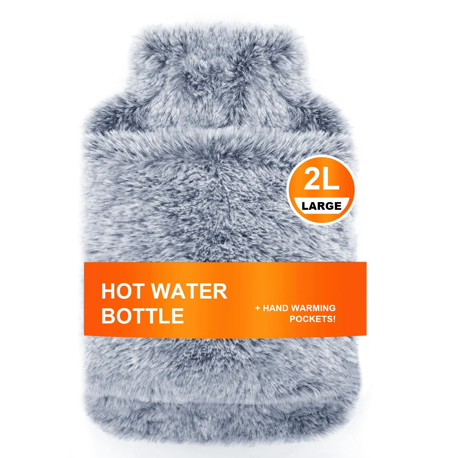 Bonilife Hot Water Bottle with Fluffy Cover, 2L Large Rubber Hot Water Bag with Hand Warmer Pocket Cover for Shoulder, Back, Period Pain Relief, Hot Water Bottle for Men Women Kids Adult-Grey
