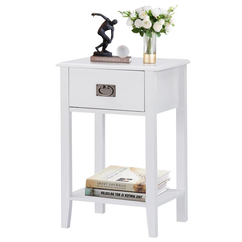 VECELO Bedside Tables with Drawer & Shelf, Nightstands for Living Room/Bedroom, Small Side Table for Small Space, Easy Assembly