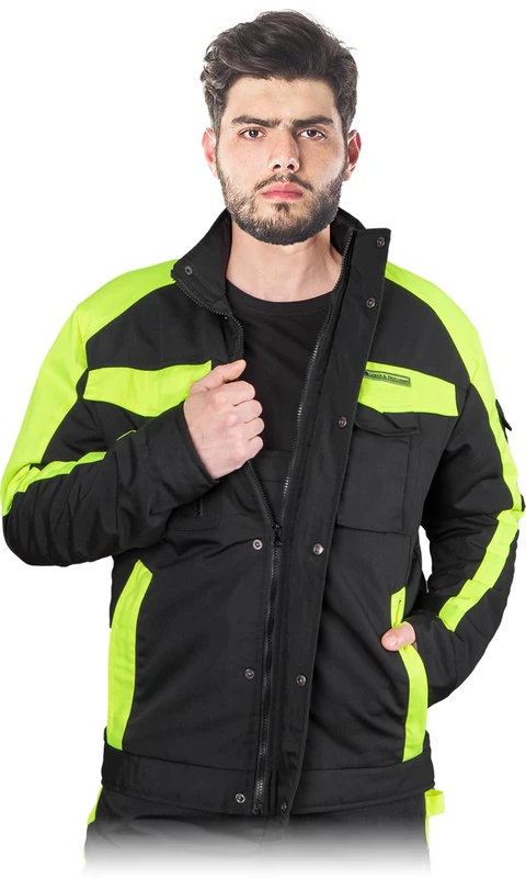 L.HOLLMAN LH-TANZOW-J TANZO Insulated Protective Jacket, Woven Material, 65% Polyester, 35% Cotton, Zippered & Snap Fastening, Stand-up Collar, Ample Pockets, Color: Black-Yellow, Size: L